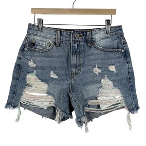 KanCan Distressed Rainbow Thread Denim Shorts High Waisted Ripped Blue Jean‎ S